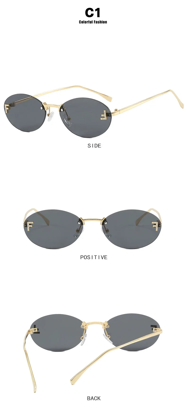 New Luxury F Letter Frameless Sunglasses Oval Retro Small Frame Sunglasses UV400 Protective women's fashion Metal sunglasses