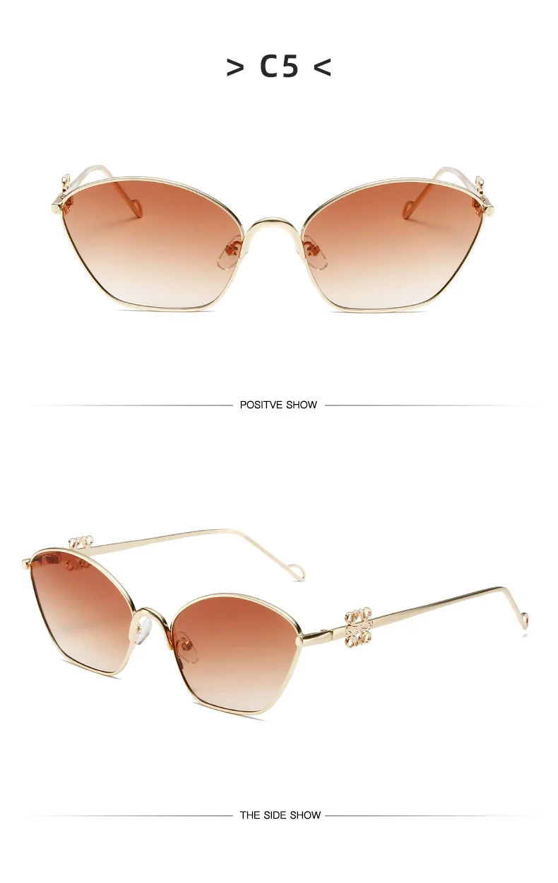 Small Frame Fashionable and Simple 2024 New Cat Eye Metal Chinese Knot Element Decoration Trendy Sunglasses for Men and Women