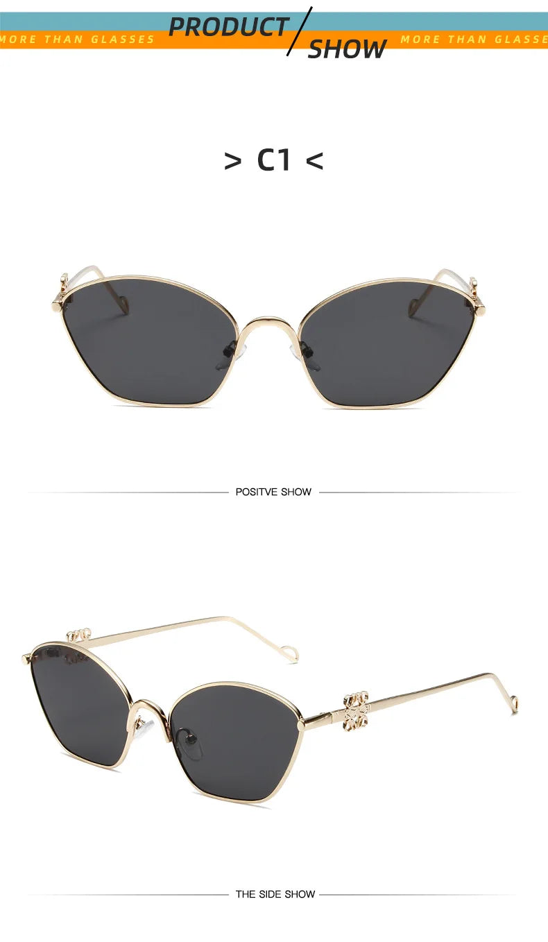 Small Frame Fashionable and Simple 2024 New Cat Eye Metal Chinese Knot Element Decoration Trendy Sunglasses for Men and Women