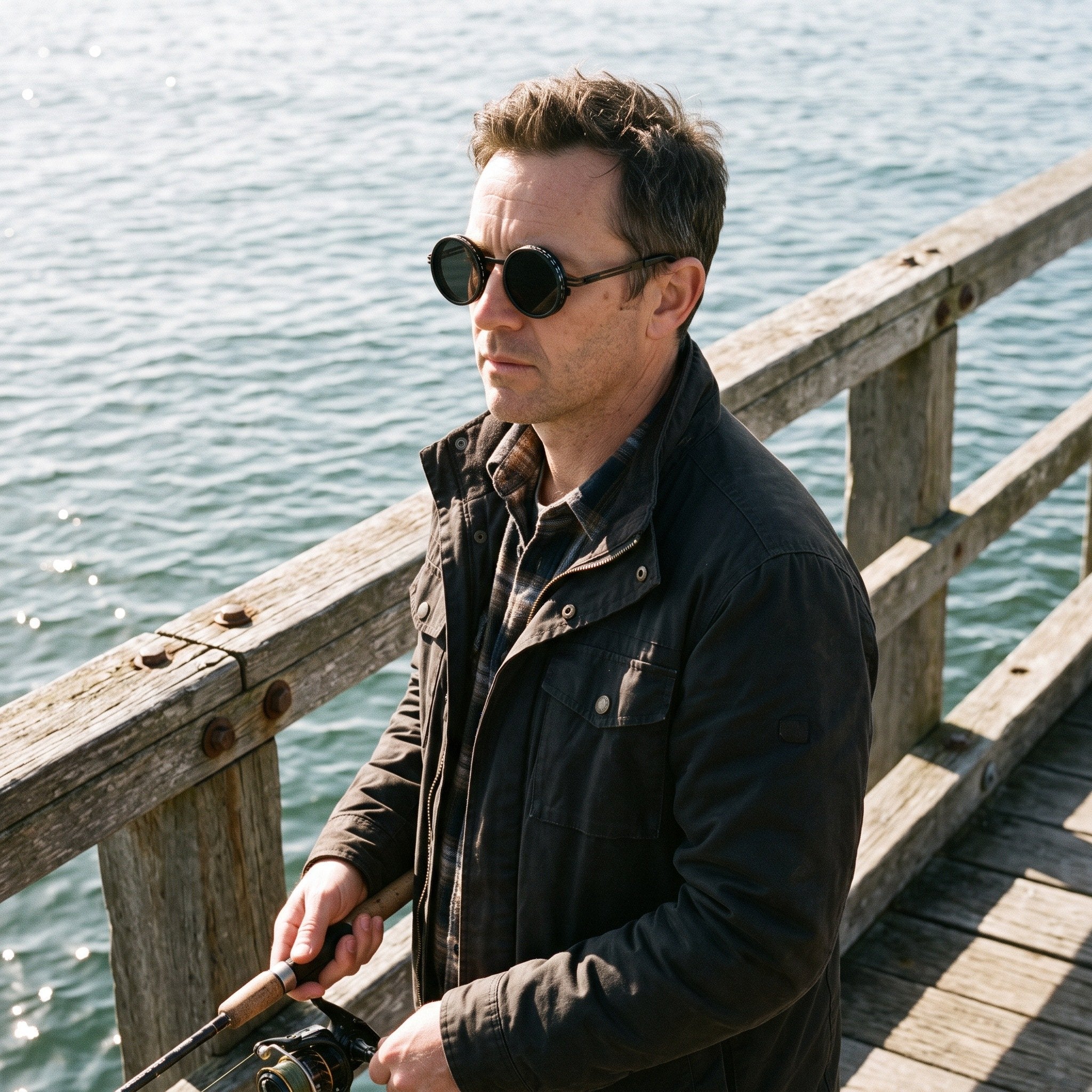 Black Sunglasses Worn On A Fishing Jetty