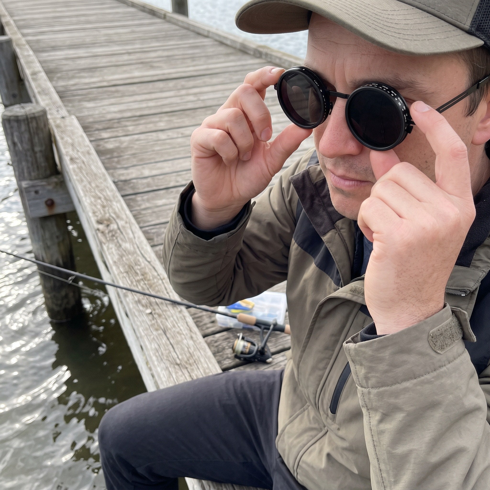 Black sunglasses adjusted while fishing on a jetty