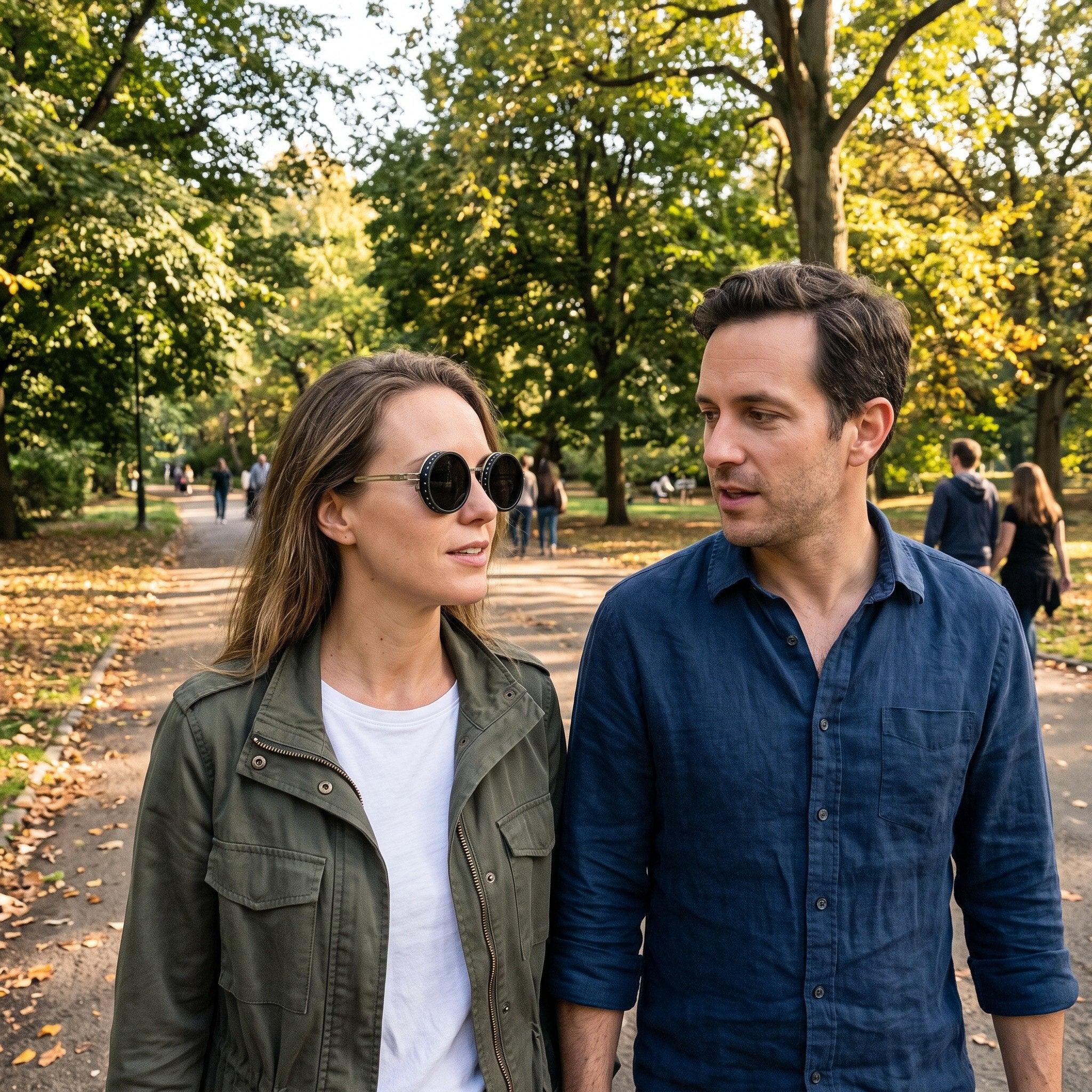 Silver sunglasses worn on a leafy park walk