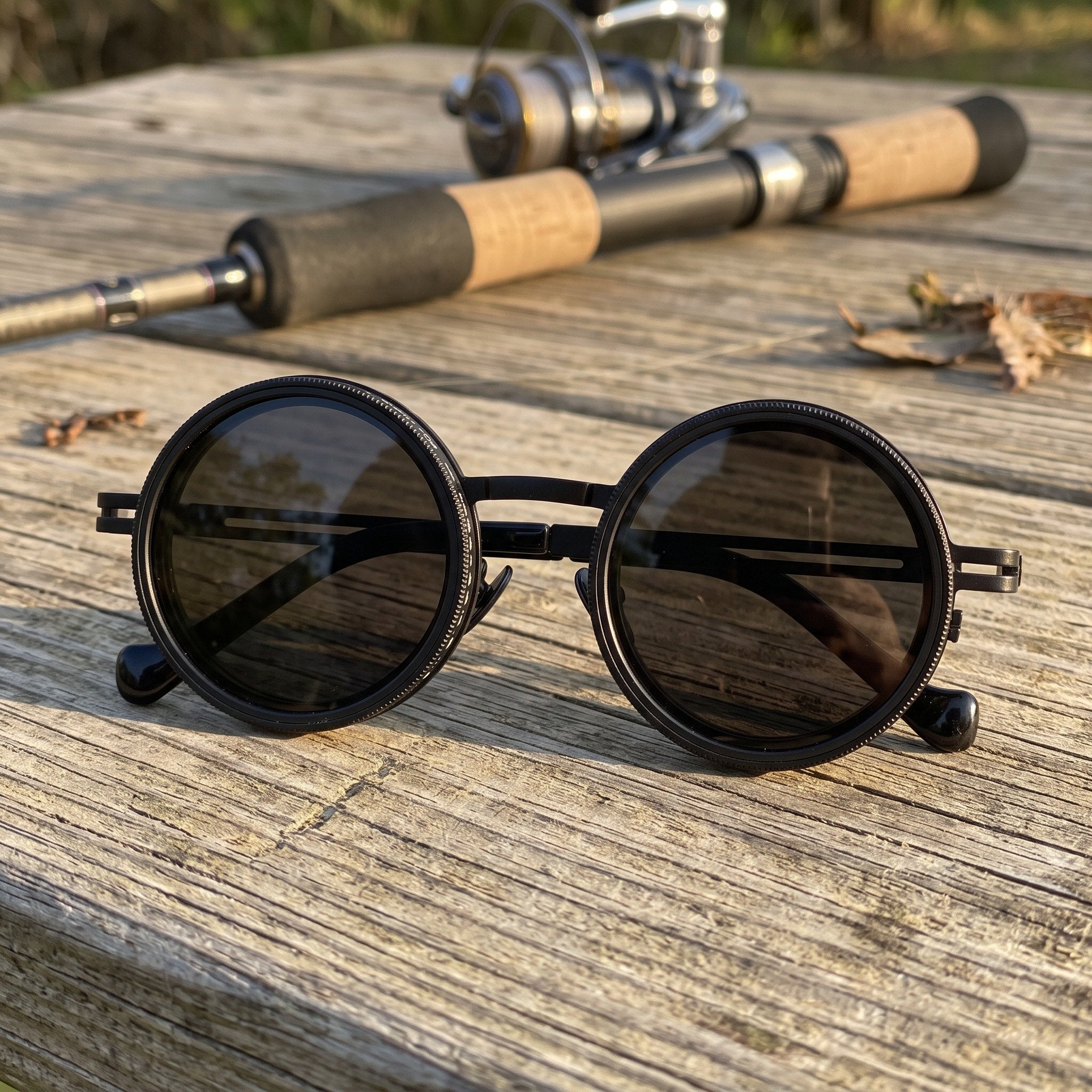 Black sunglasses beside fishing gear after an outing