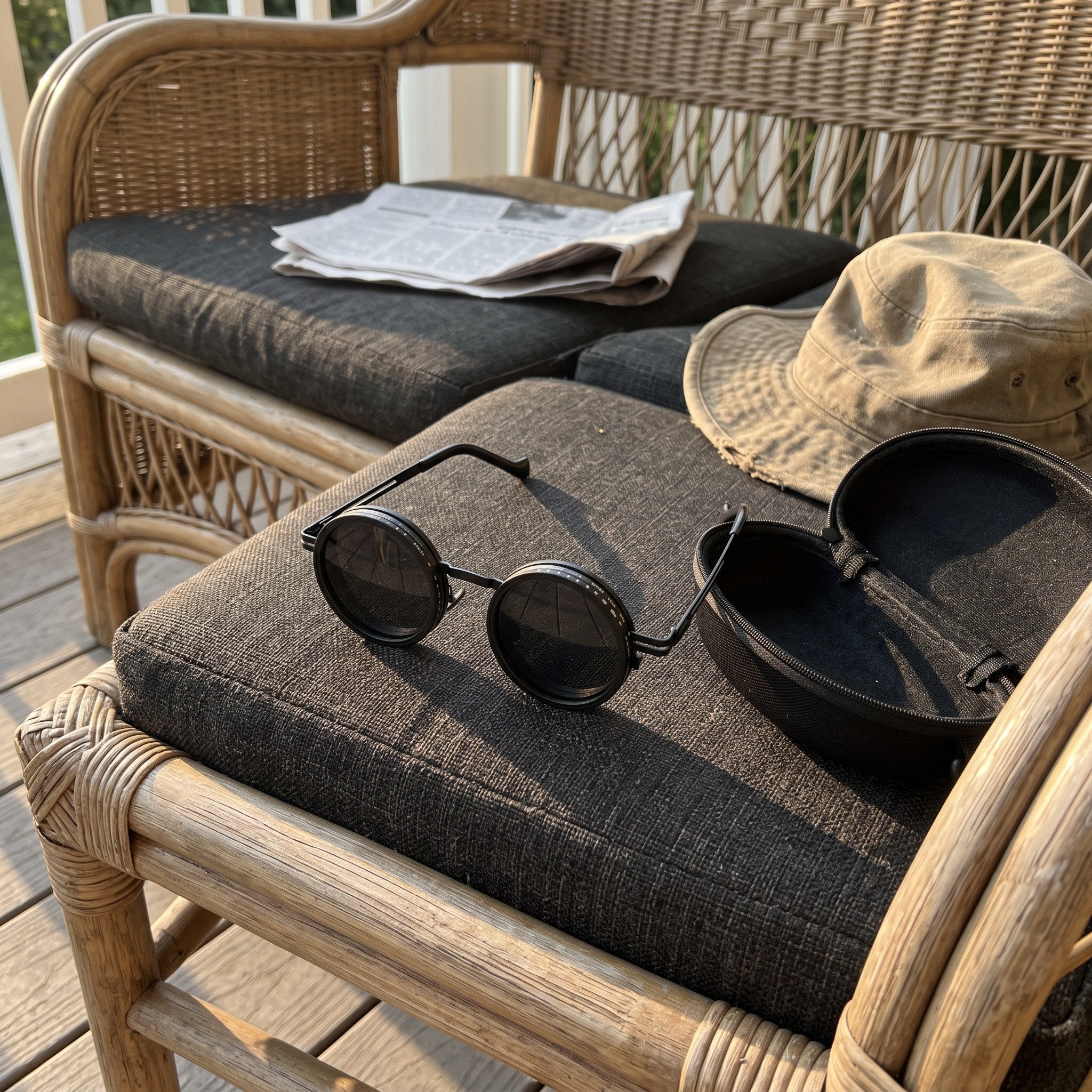 Black sunglasses resting on a porch chair