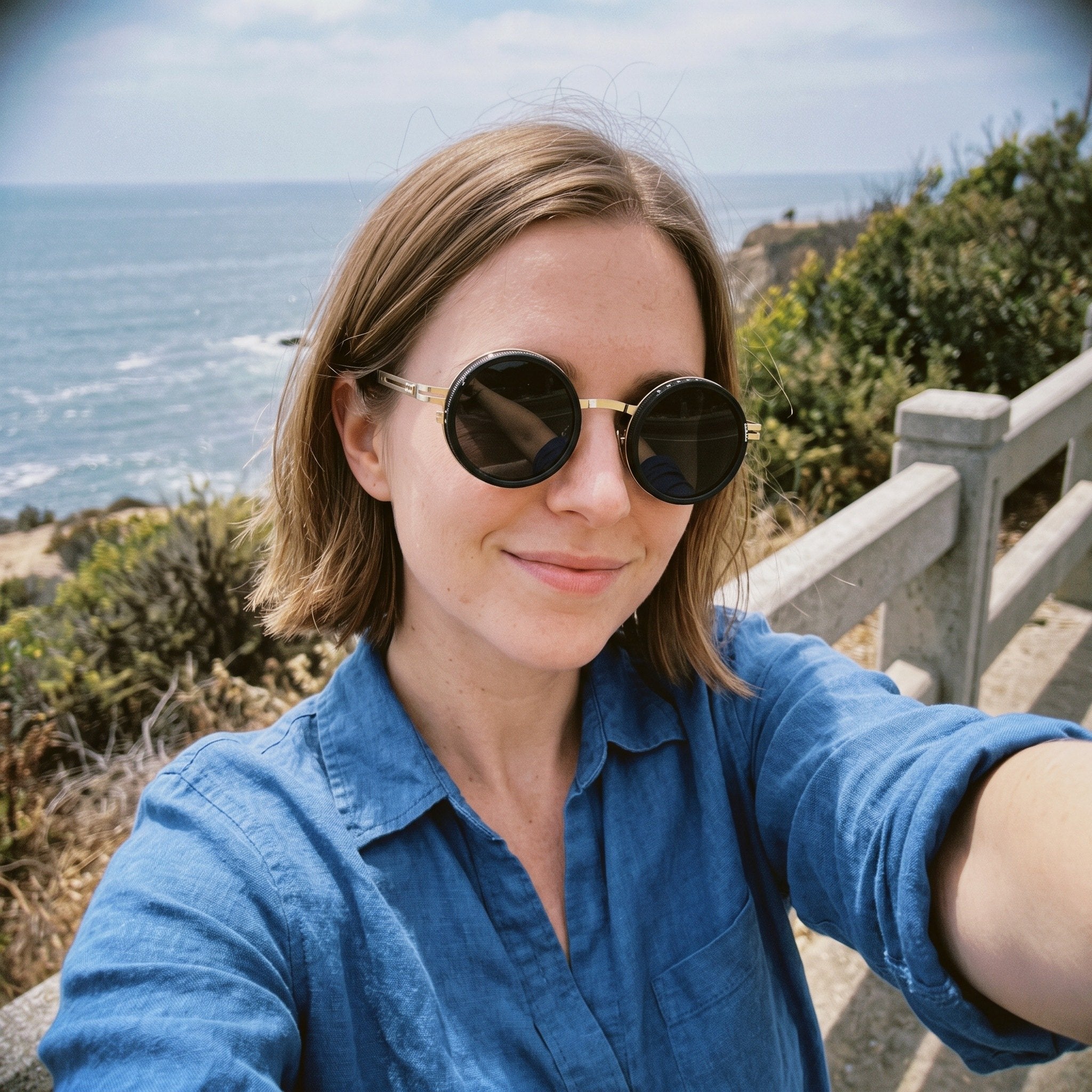 M.R. wearing Gold Shadewell sunglasses on a coastal walk